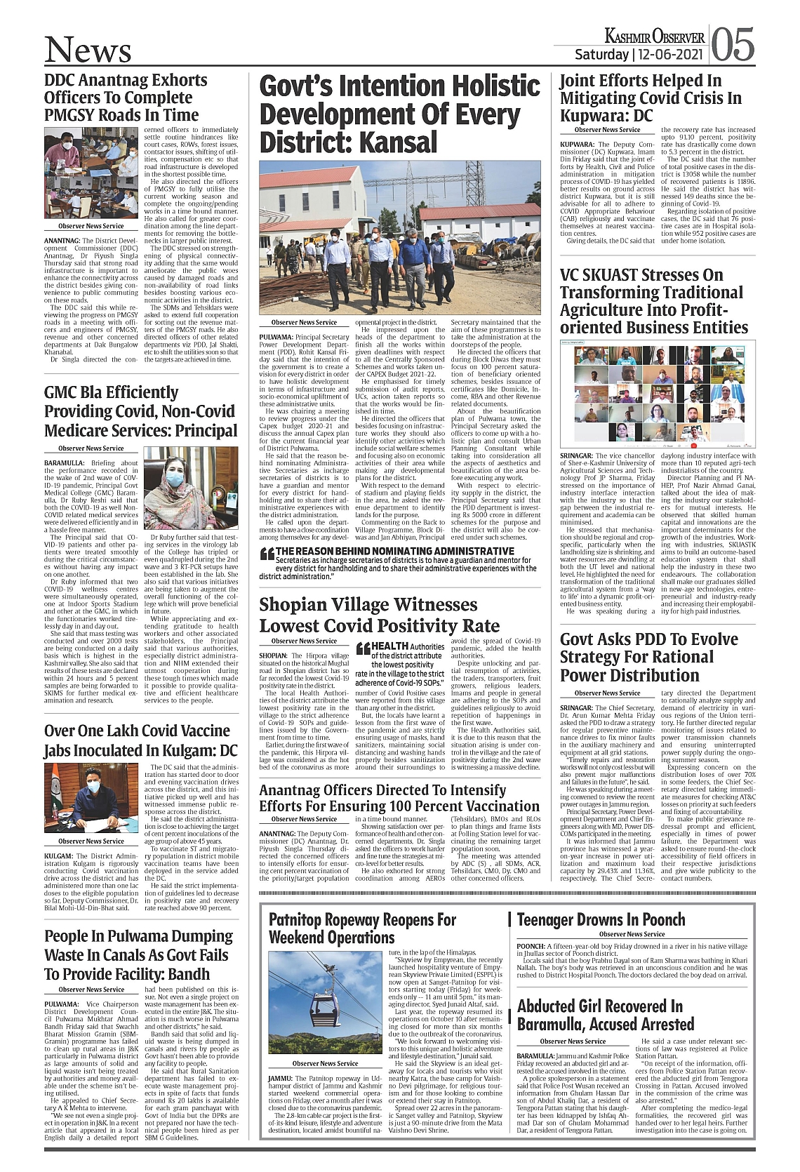 Kashmir Observer 12 June 21 Page 5 Kashmir Observer Daily Newspaper